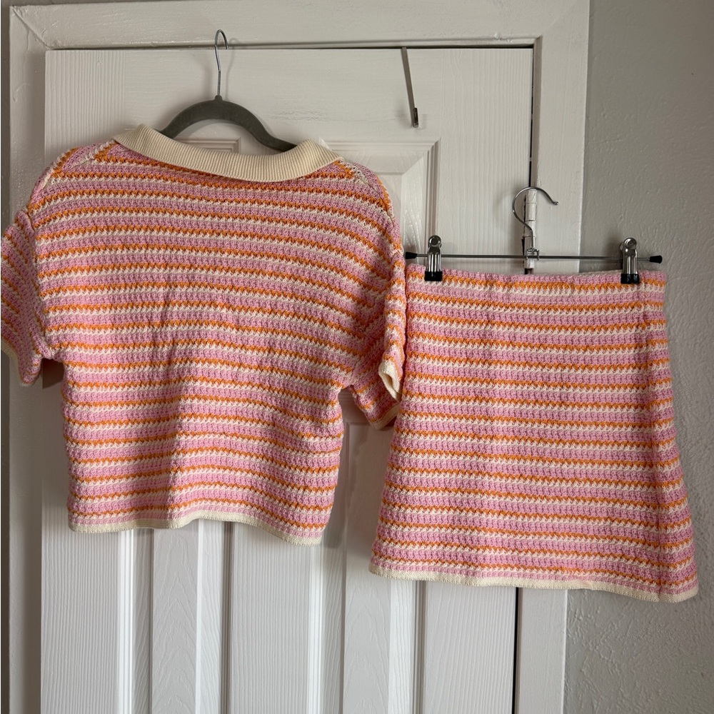 ZARA Matching Set Striped Knitted Crochet Polo Shirt and Skirt 2PC Pink 13-14 XS - Picture 2 of 8